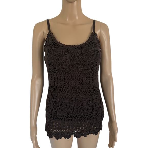 Y2K Crochet Tank Top Brown Silk Blend Sequin Boho Festival Earthy Fairycore - Picture 2 of 8